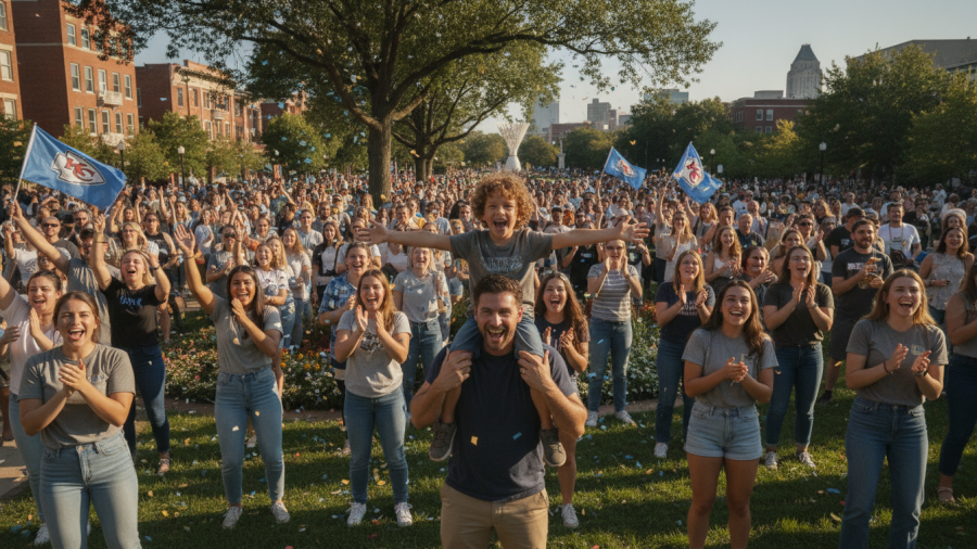 Cheerful crowd celebrating in a Kansas City park, showcasing KC community news and neighborhood events.