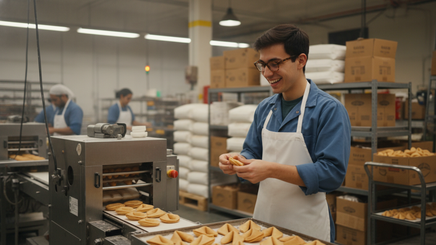 Young man making fortune cookies in a bustling factory, embodying KC Chiefs news energy.