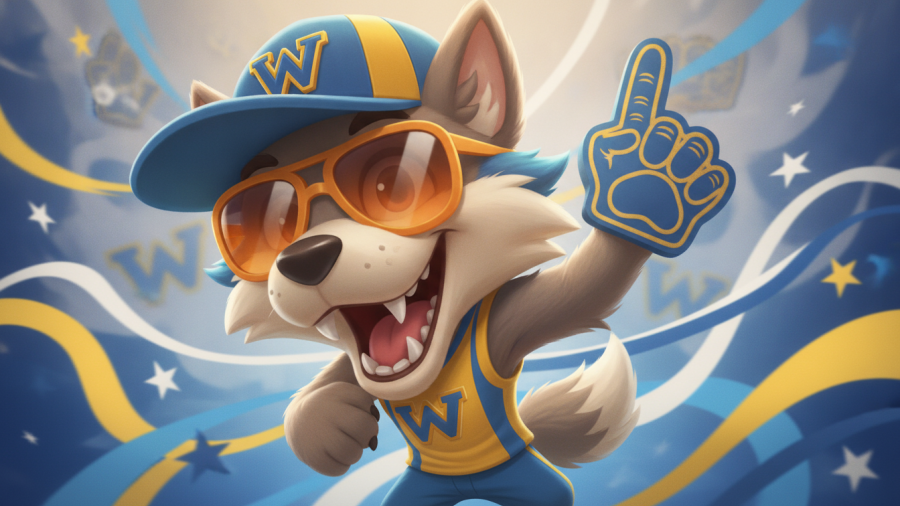 Cheerful cartoon wolf mascot for Kansas City Chiefs in vibrant colors.