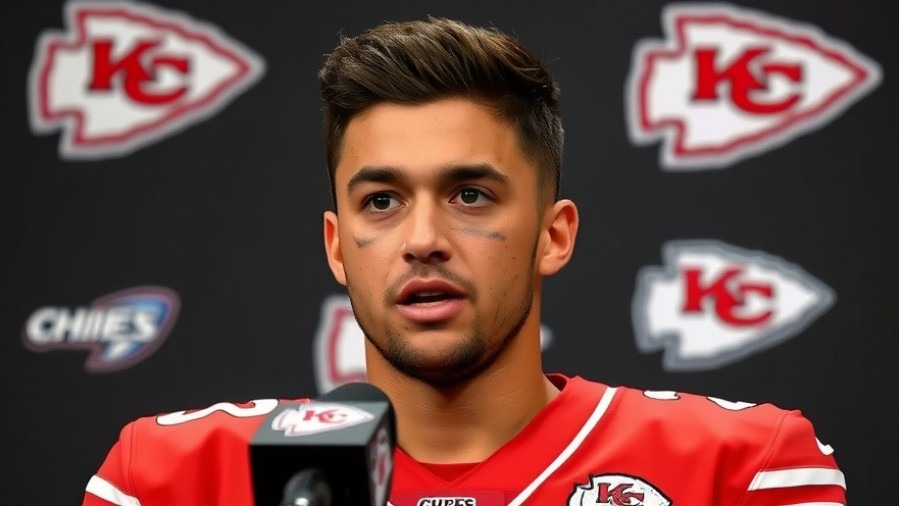 Patrick Mahomes at a press conference with Kansas City Chiefs backdrop.