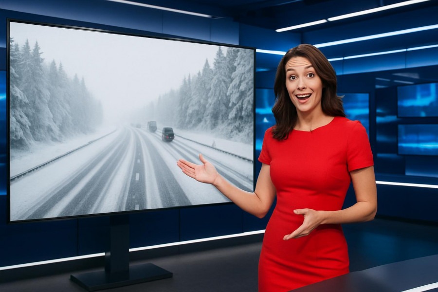 Professional news anchor in vibrant red dress presenting Kansas City local living news.