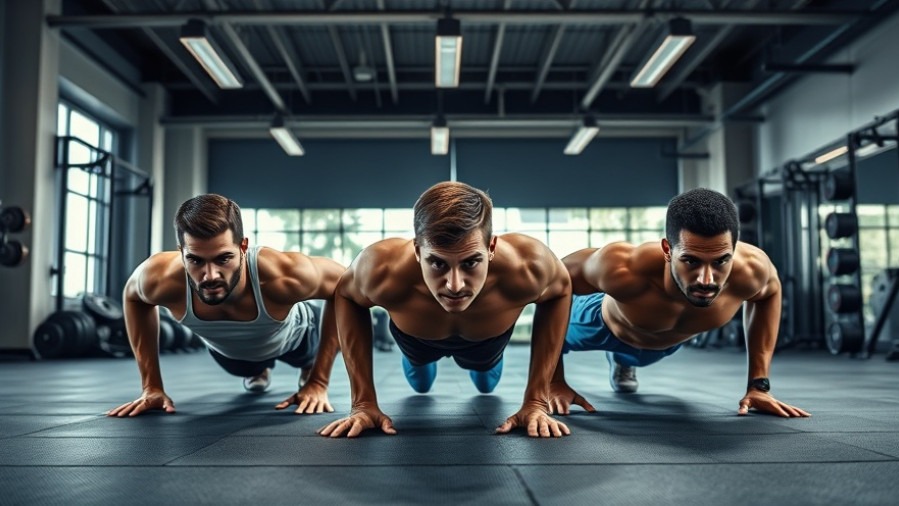 Diverse athletes performing pushups in a dynamic gym for bodyweight exercises.
