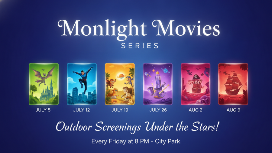 Colorful Moonlight Movies poster promoting Kansas City small businesses with animated film designs.