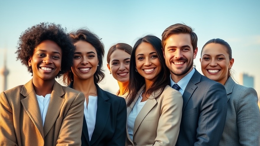 Smiling diverse professionals in smart casual attire against Kansas City skyline.