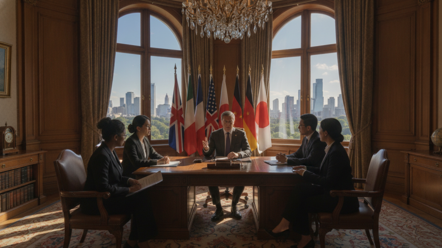 Donald Trump at a news conference in a luxurious office, discussing with a group.