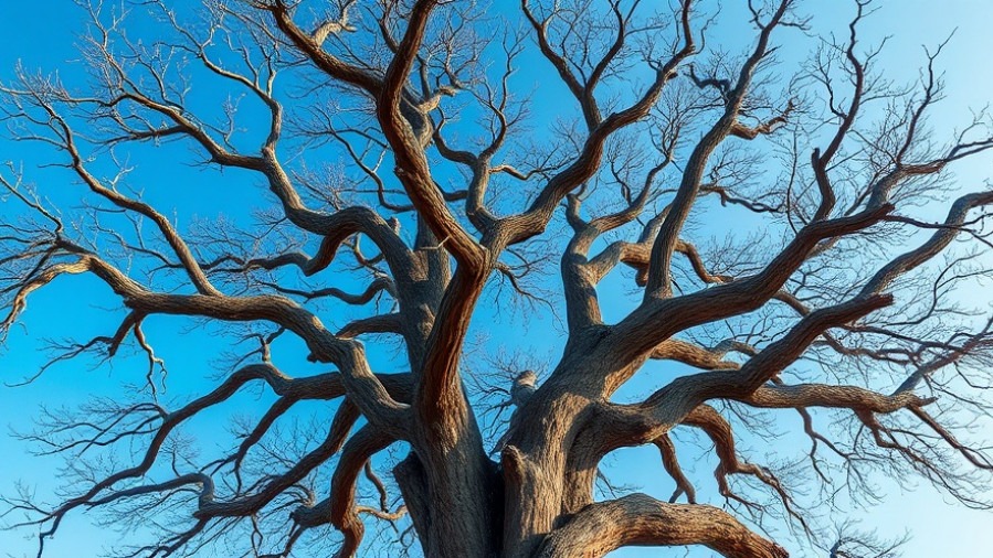 Photorealistic ancient tree with detailed bark, reflecting Kansas City urban lifestyle.