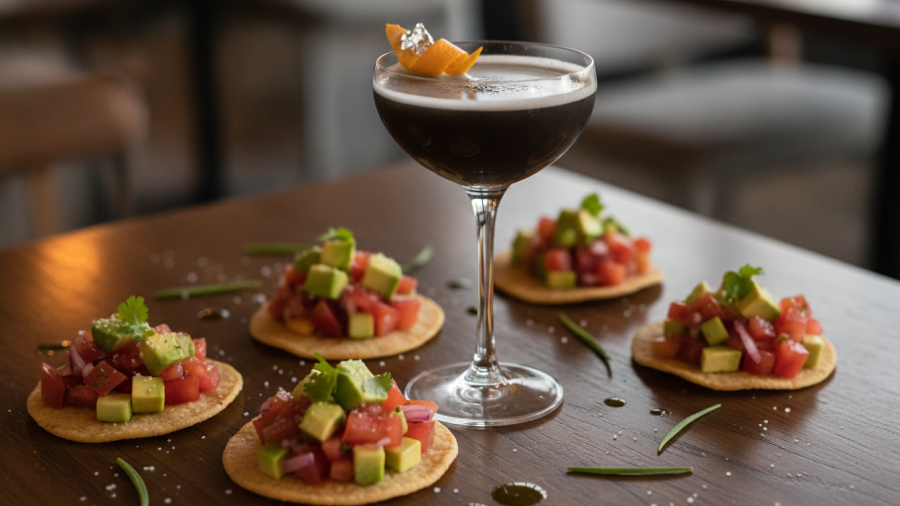 Elegant gourmet appetizers and a dark cocktail at a Kansas City restaurant, showcasing local dining experiences.