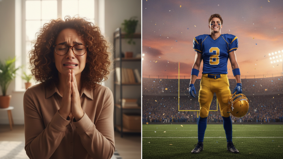 Curly-haired woman in prayer beside smiling athlete, highlighting community safety and emotional healing.