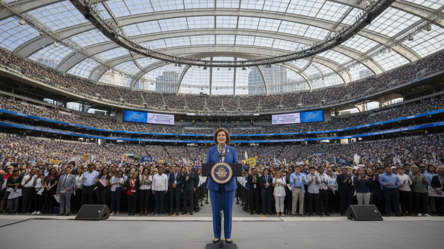 Confident female governor Hochul speaks at a vibrant Buffalo stadium event.