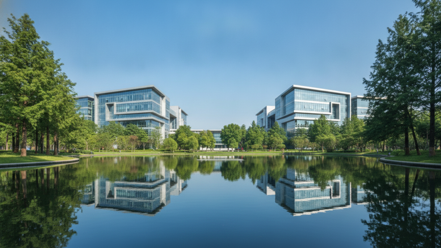 Modern KCKCC campus building reflecting in serene pond, highlighting KCKCC accreditation importance.