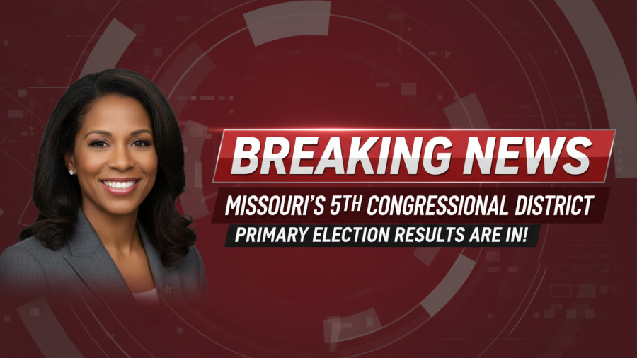 Smiling individual with Kansas City community news graphic, detailed and vibrant.