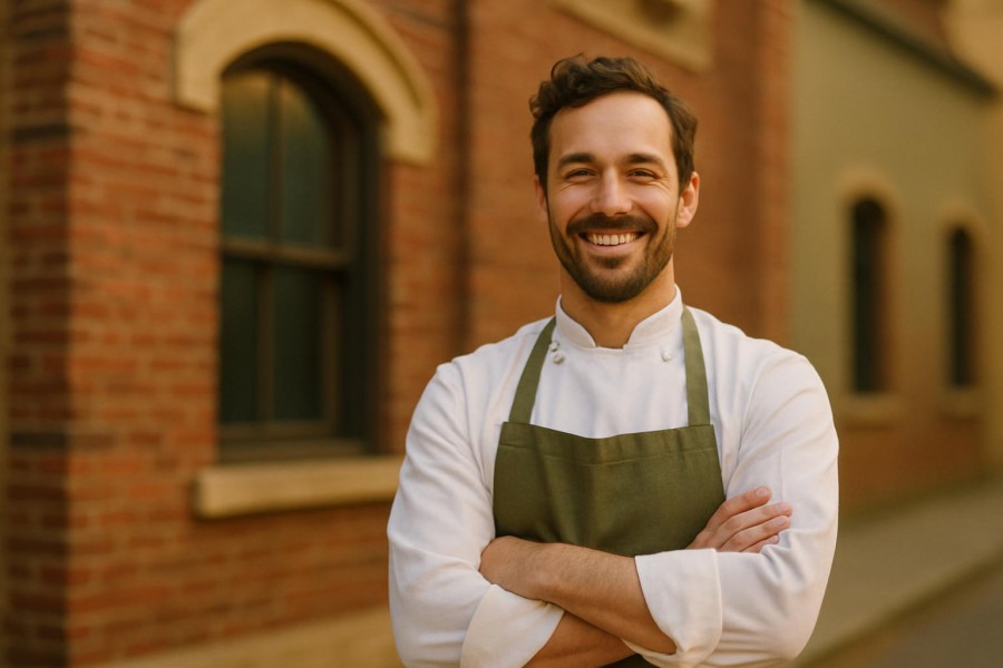 Smiling chef in apron outside a vintage brick building, Kansas City dining.
