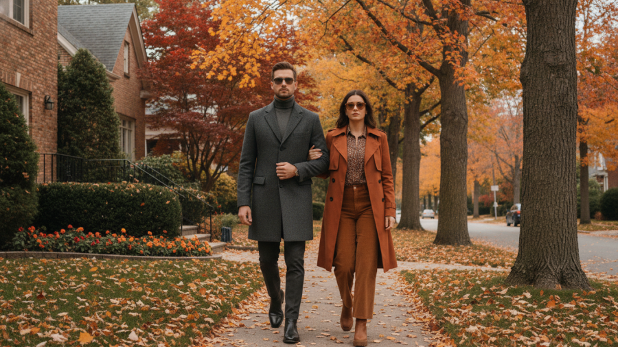 Stylish couple walking in a Kansas City neighborhood, conveying community safety concerns.
