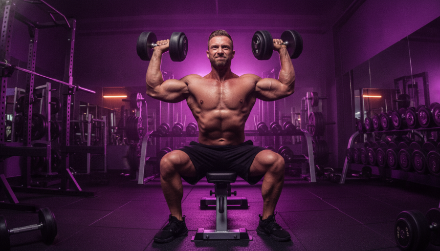 Muscular man performing seated shoulder press, embodying strength training and fitness motivation.