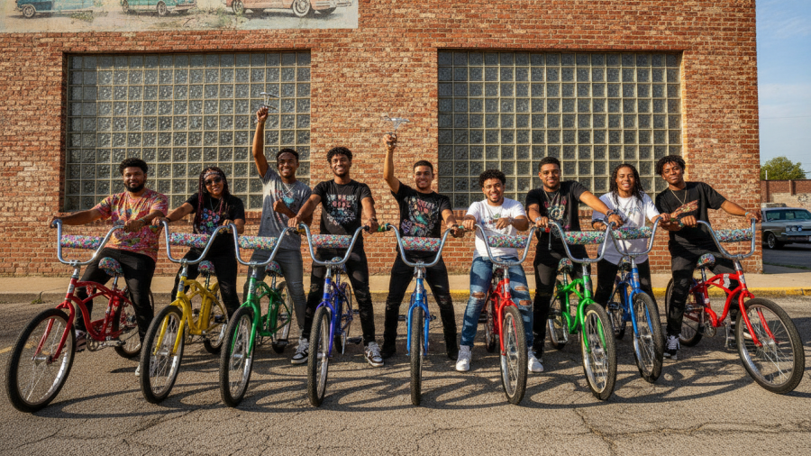 Diverse young adults celebrate youth empowerment in Kansas City with colorful lowrider bicycles.