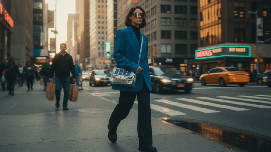 Stylish woman in anti-surveillance sunglasses, showcasing privacy-conscious fashion.