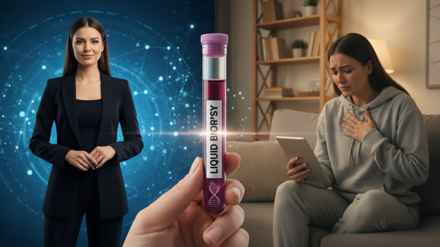 Confident woman and emotional caller emphasize multi-cancer detection tests and health screenings.