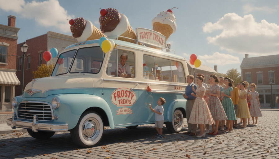 Vintage ice cream truck in Kansas City, evoking ice cream truck nostalgia.