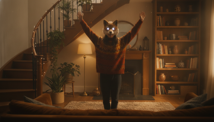 Enthusiastic fan in a wolf mask celebrates KC Chiefs news in a cozy living room.