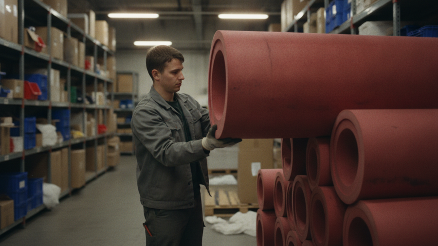 Focused young man stacking red foam mats in industrial storage, reflecting kc chiefs news.