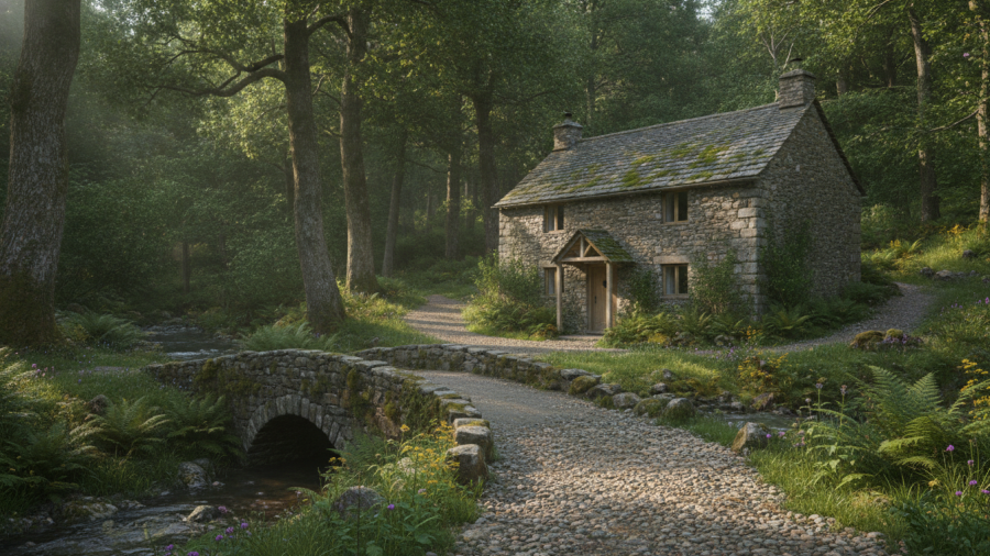 Charming stone cottage showcasing rustic rural home design amidst Kansas City's greenery.