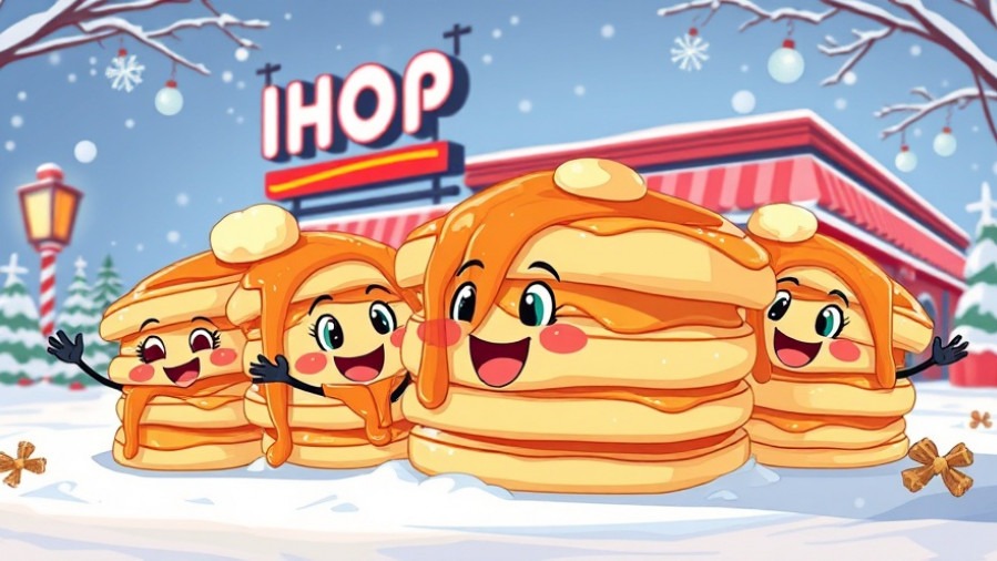 Cheerful cartoon pancake characters in a snowy IHOP scene, promoting Kansas City dining deals.