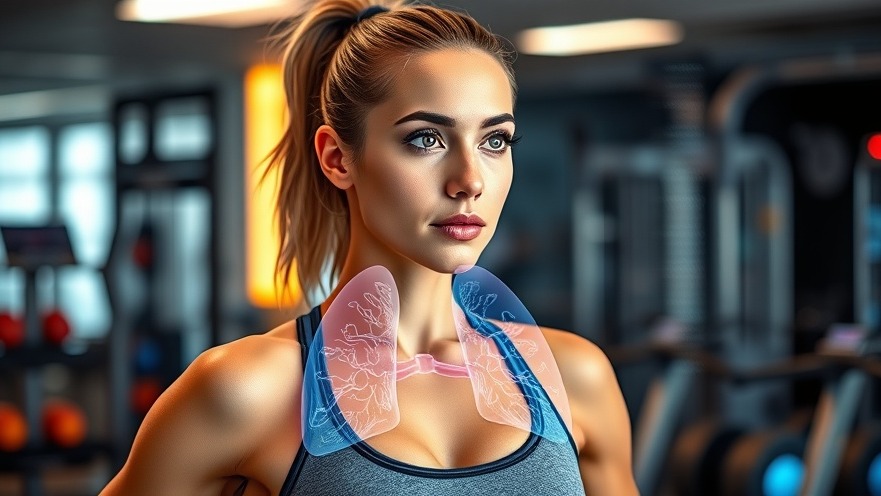 Athletic woman demonstrating breath control in fitness with digital lungs analysis.