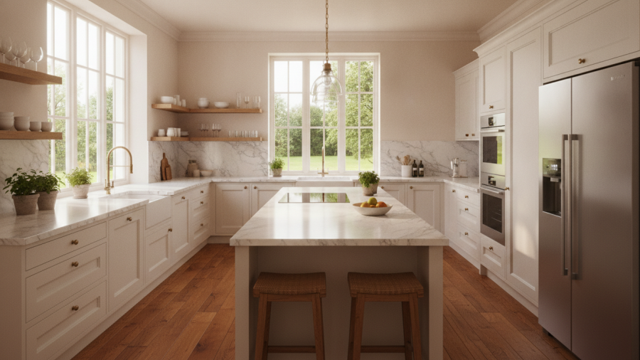 Elegant kitchen showcasing local design influences, perfect for outdoor dining in Kansas City.