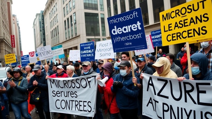 Protesters rally against corporate responsibility in tech, highlighting surveillance and privacy concerns.