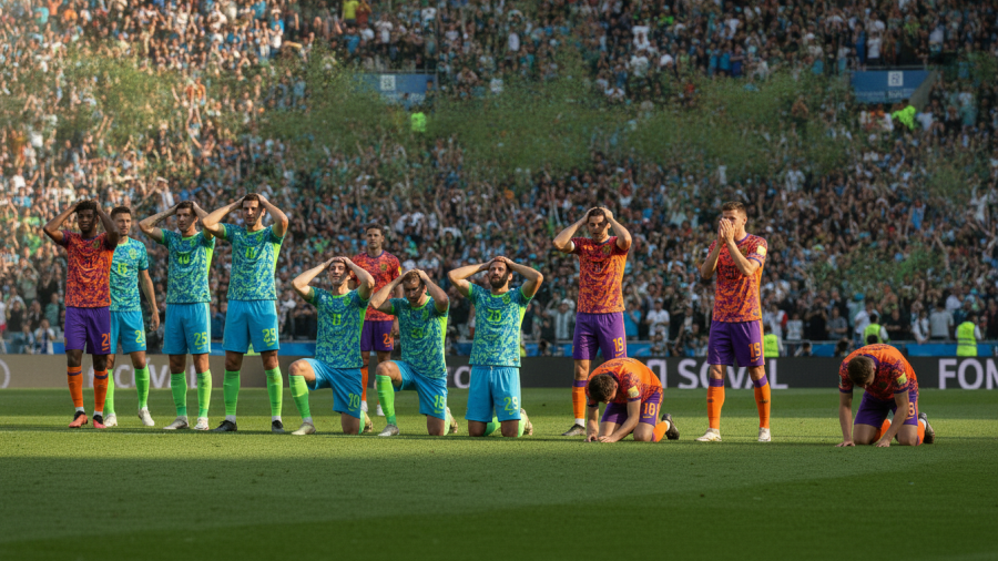 Disappointed USMNT players react emotionally on the field after a World Cup defeat.