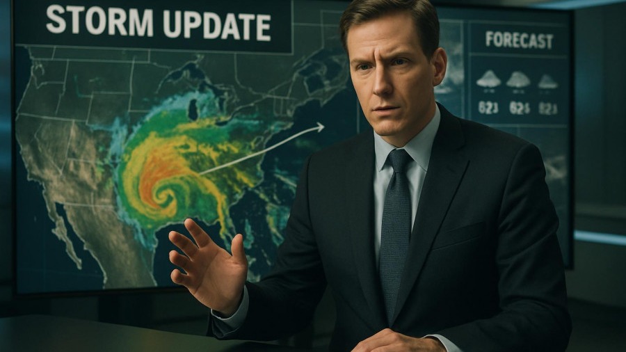 Weather anchor updates on storm forecasts in Kansas City news studio.