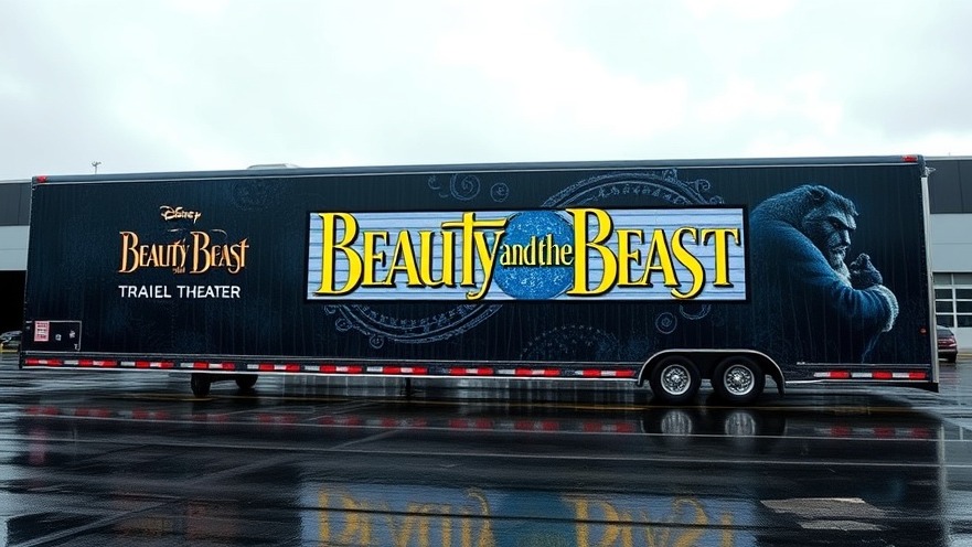 Beauty and the Beast signage at a Kansas City theater on a rainy day.
