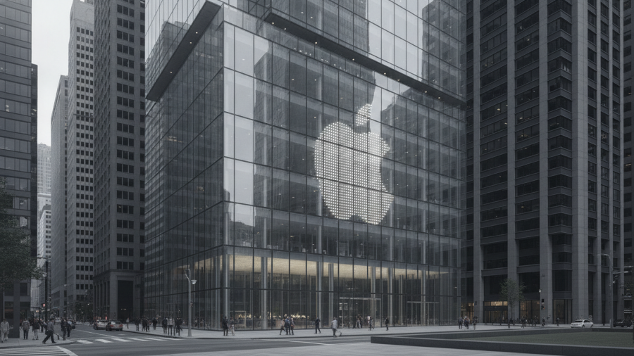 Illuminated Apple logo on modern architecture, reflecting on Kansas City's tech scene.