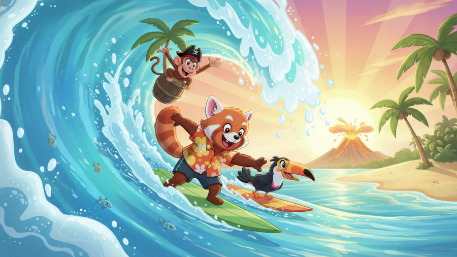 Exciting animated characters surfing vibrant waves at a tropical beach, supporting local KC.