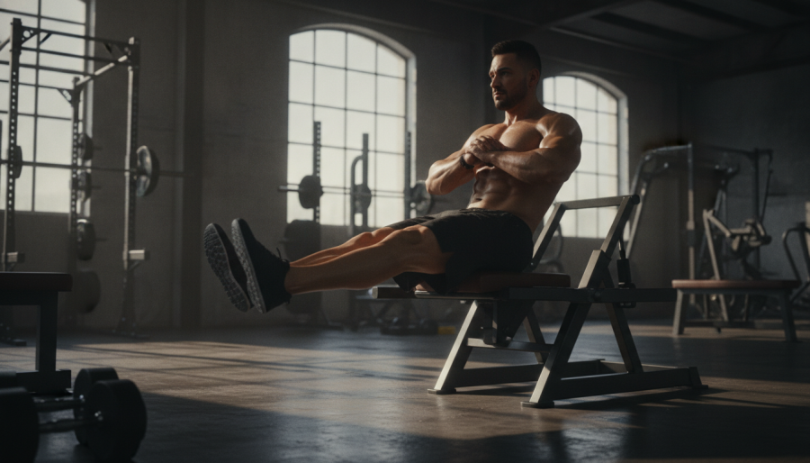 A muscular man demonstrating strength training for hamstrings with proper form during a glute ham raise.