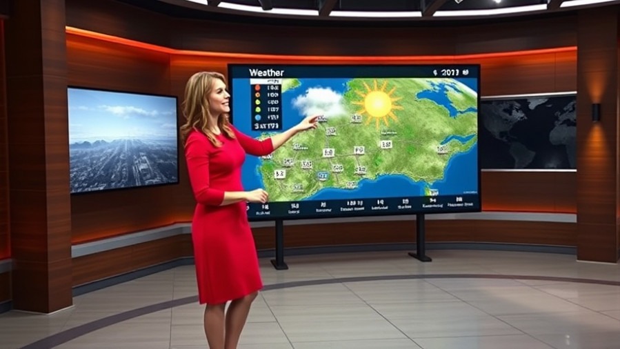 Weather presenter in red dress discussing dynamic weather patterns in Kansas City.