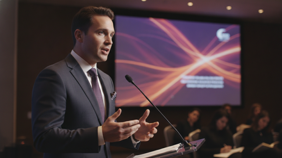 Business professional discusses copyright infringement AI at a conference.