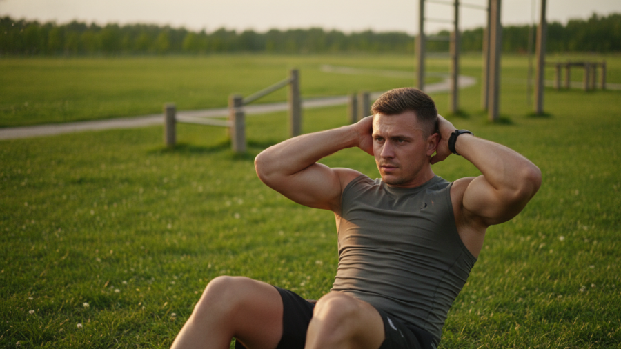 Fit male athlete doing sit-ups outdoors, embodying fitness motivation and strength training.