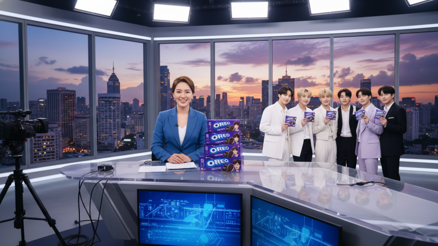 Smiling news anchor promotes cultural sensitivity in journalism with BTS-themed Oreo packages.