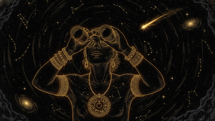 Illustration of stargazer amidst a cosmic night, echoing Kansas City dining retrograde.