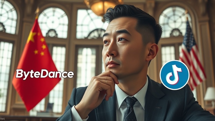 Thoughtful man in suit contemplating U.S. politics news, amidst ByteDance and TikTok logos.