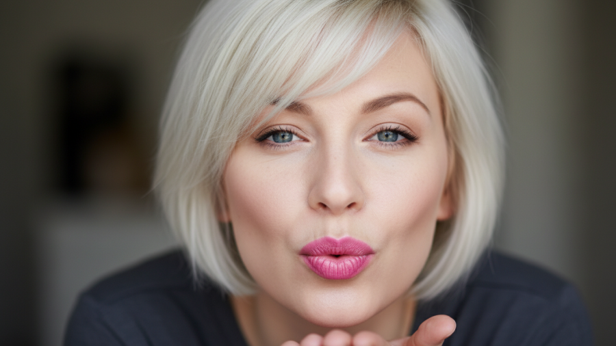 Woman with blonde hair blowing a kiss, capturing fun activities in Kansas City.