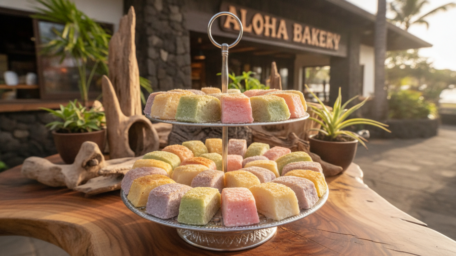 Delicious mochi slices outside a Hawaiian bakery in Kansas City, perfect for family-friendly dining.