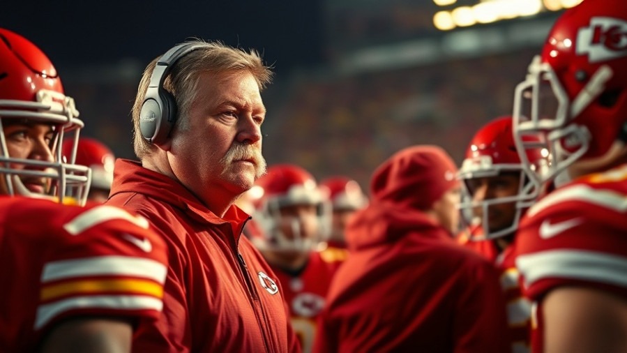 Andy Reid passionately addressing Kansas City Chiefs roster in warm stadium light.