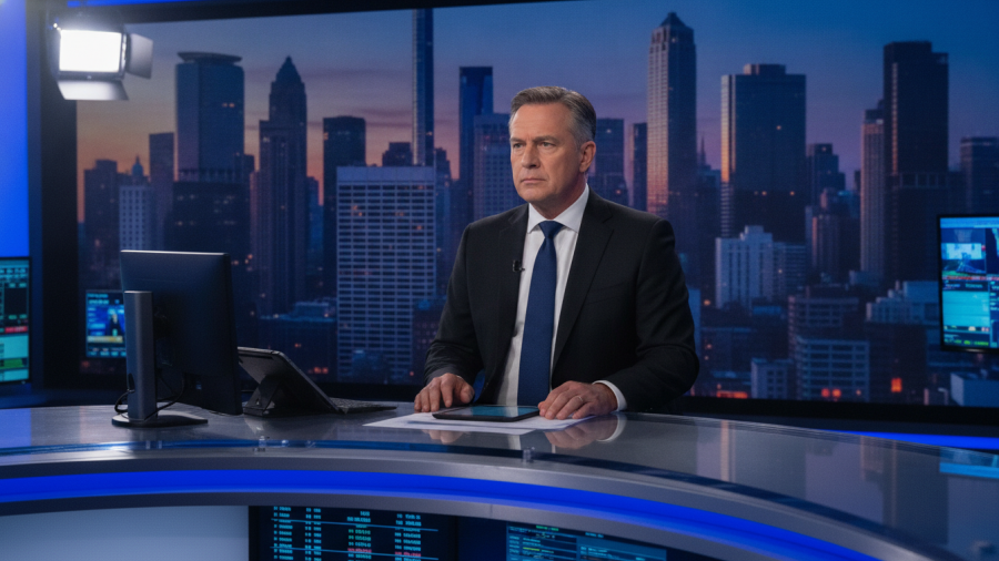 Middle-aged man in black suit at news desk discussing the Cohen Trump relationship.