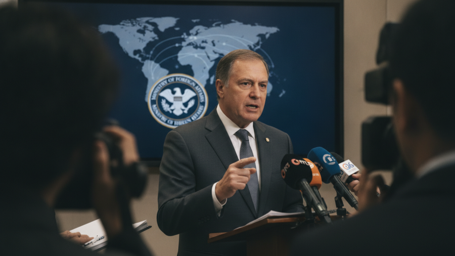 Middle-aged man addresses U.S. Iran conflict at press conference, discussing peace negotiations.