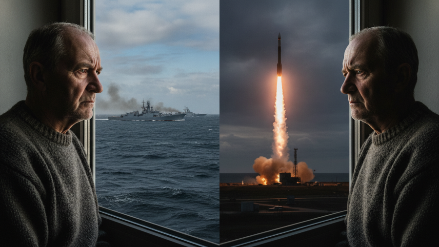 Concerned man views maritime attacks, reflecting on U.S. military response and oil price impact.