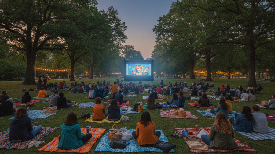 A vibrant group enjoying an outdoor movie in a lush park, supporting local Kansas City boutiques.