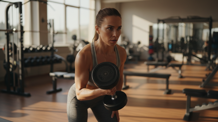 Strong woman lifting dumbbell, representing determination in managing Hashimoto's thyroiditis.