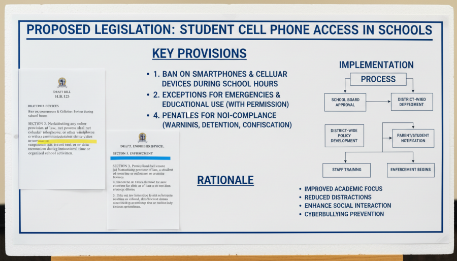 Informative board on school cell phone ban, reflecting Kansas City's urban lifestyle.